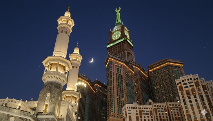 برج الساعة ومآذن المسجد الحرام بمكة المكرمة ليلًا