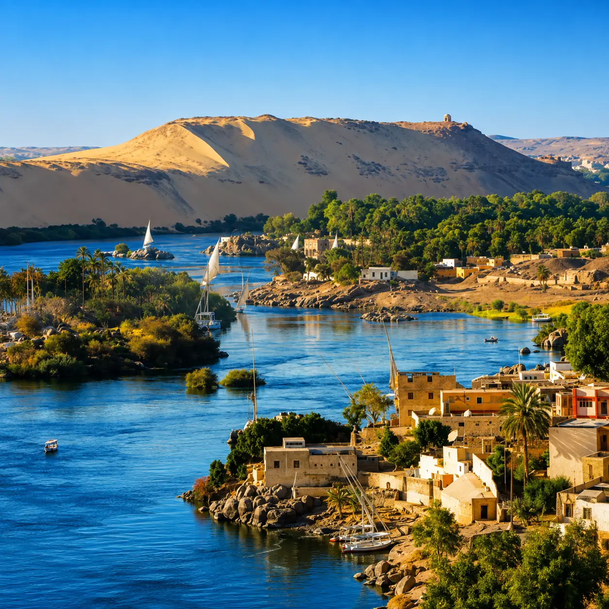 نهر النيل ومراكب الفلوكة بين النخيل والكثبان الرملية